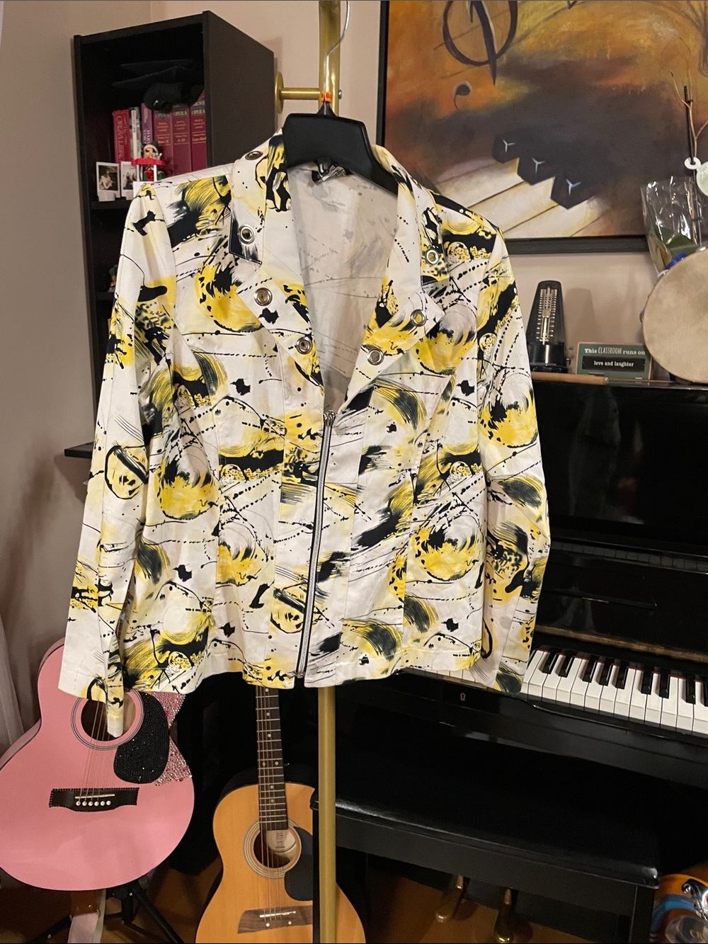 Abstract Floral Zip-Front Leather Jacket in White and Yellow